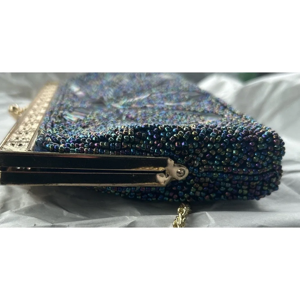 Iridescent Beaded Evening Clutch Bag Gold Tone Frame Chain Strap Navy Blue